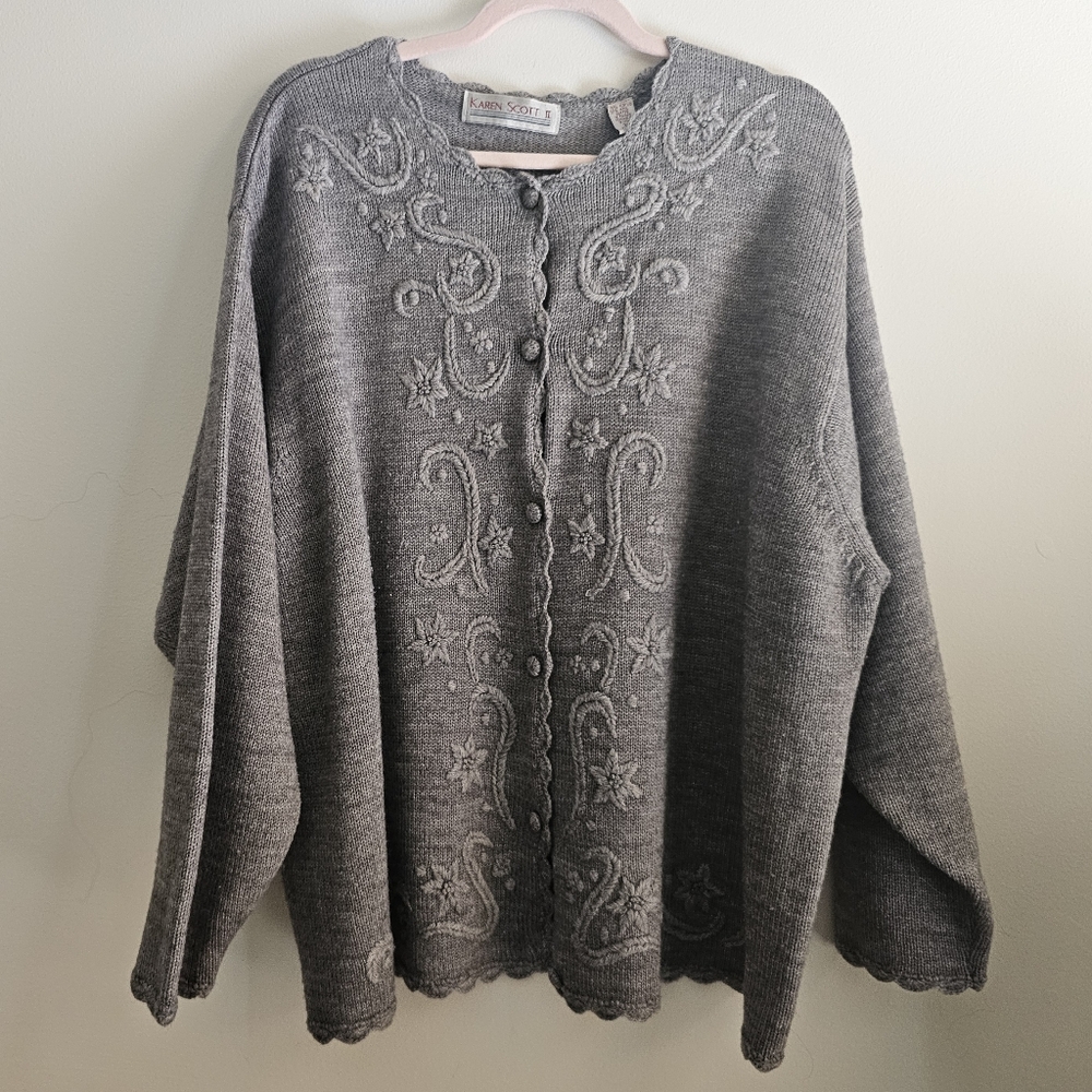 Vintage 90s Gray Floral Hand Knit Wool Cardigan By Karen Scott 3x Plus Size